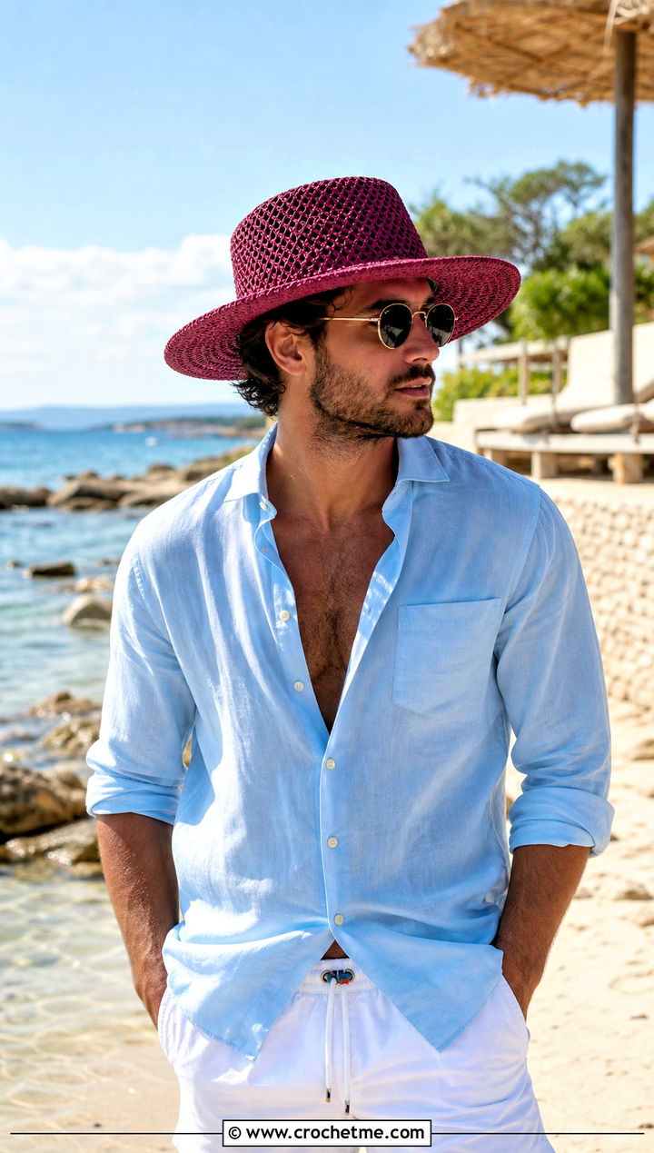 Raffia Crochet Sun Hat With Beach Outfit - 25 crochet hat ideas for men