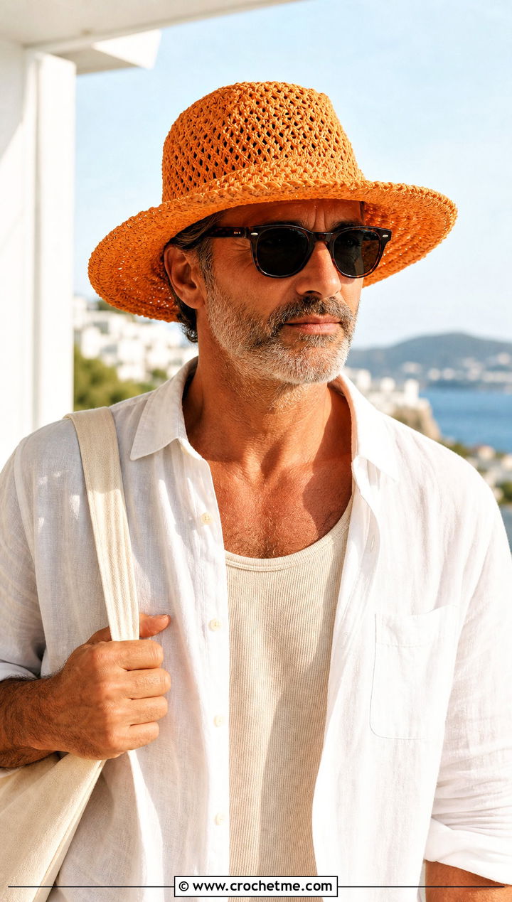 Raffia Crochet Sun Hat With Linen Shirt And Shorts - 30 men's crochet hats outfit ideas