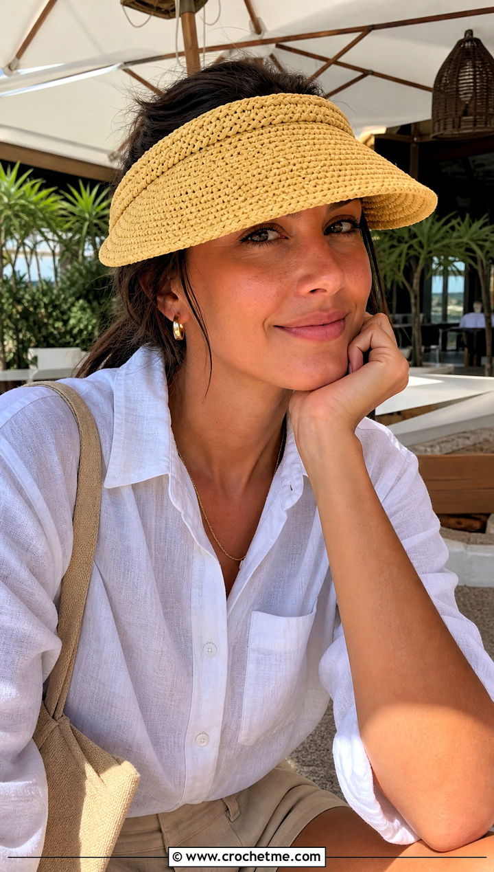 Raffia Crochet Sun Visor With Linen Shirt And Shorts - 30 crochet visor hat outfit ideas