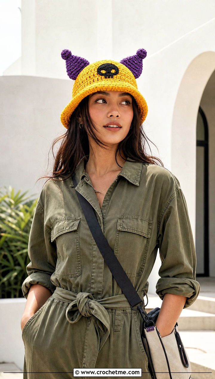 Raffia Kuromi Crochet Bucket Hat With Utility Jumpsuit - 15 Kuromi Crochet Bucket Hat outfit ideas