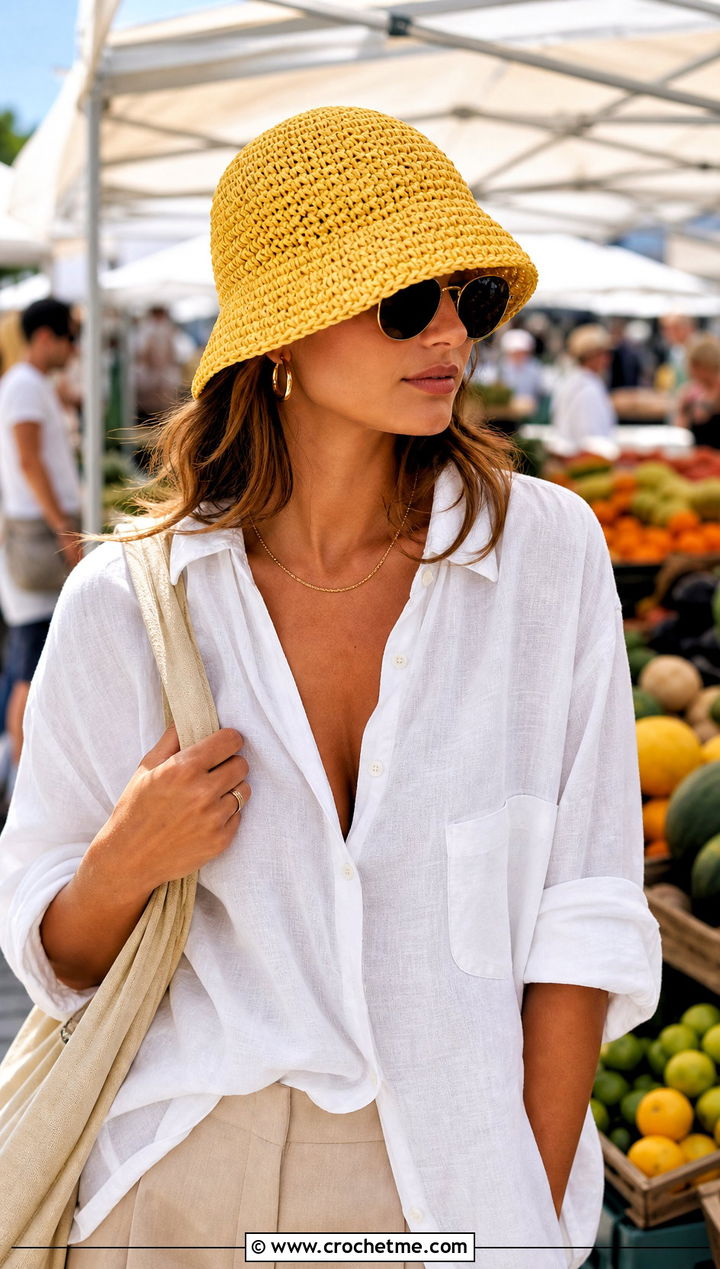 Raffia Straw Crochet Bucket Hat With Linen Shirt And Shorts - 20 Straw Crochet Bucket Hat outfit ideas