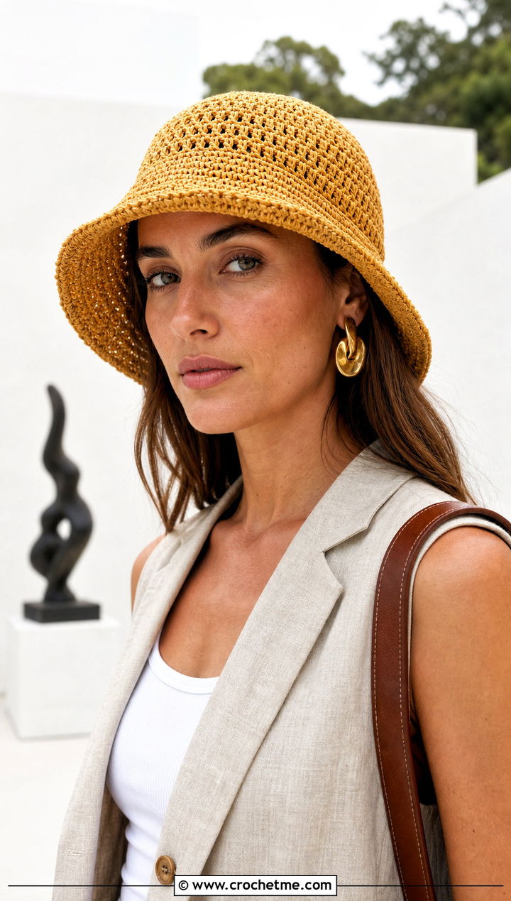 Raffia Yellow Crochet Bucket Hat With Matching Linen Set - 30 yellow crochet bucket hat outfit ideas