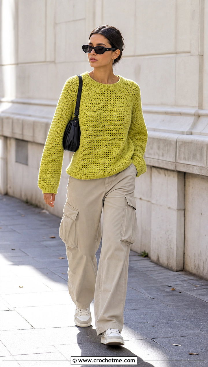 Raglan Alpine Stitch Sweater With Cargo Pants - 25 crochet alpine stitch sweater outfit ideas