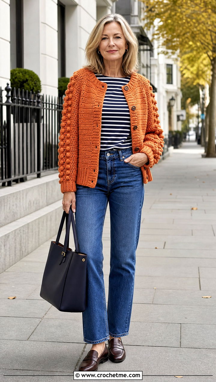 Raglan Bobble Cardigan With Straight Jeans - 25 Crochet Bobble Cardigan outfit ideas
