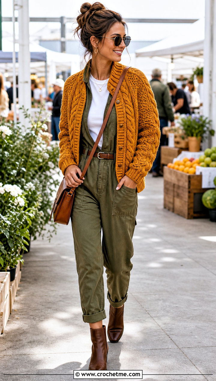 Raglan Cable Crochet Cardigan With Utility Jumpsuit - 25 Crochet Cable Cardigan outfit ideas