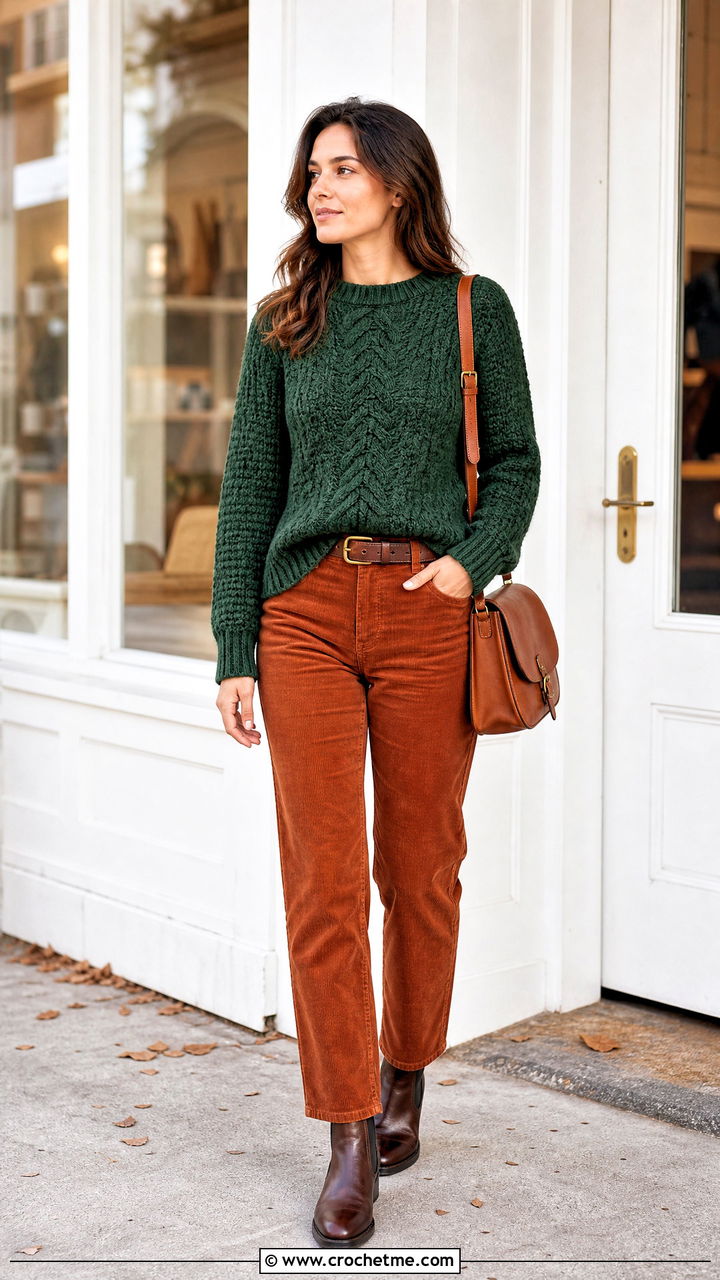 Raglan Cable Sweater With Corduroy Pants - 35 crochet cable sweater outfit ideas