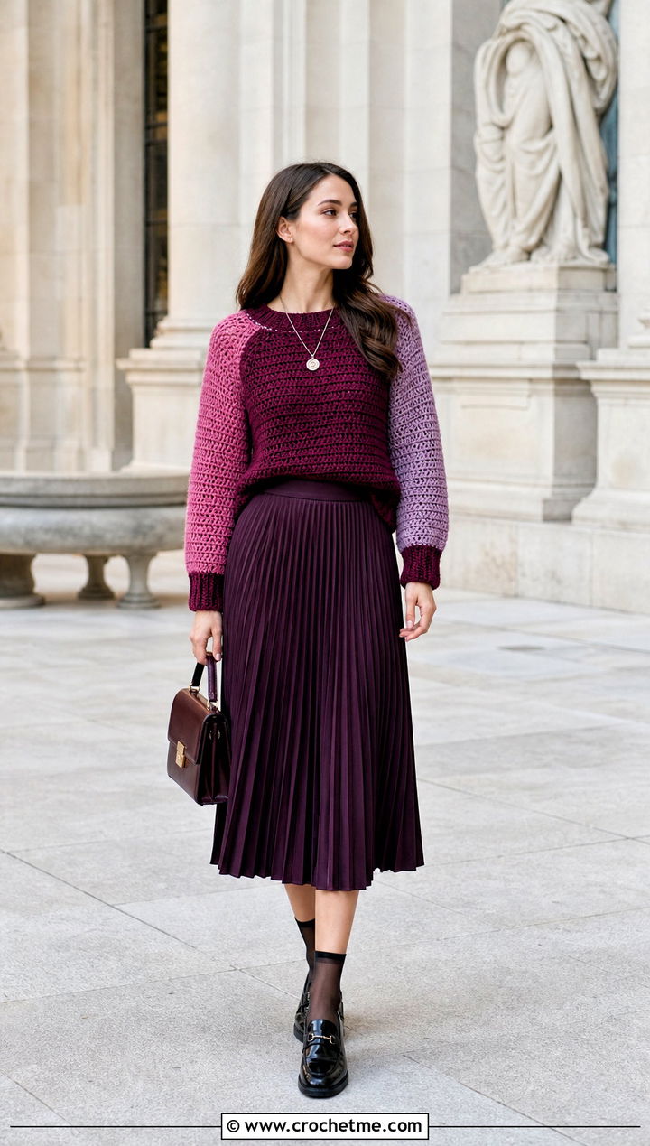 Raglan Color Block Crochet Sweater With Pleated Midi Skirt - 25 Color Block Crochet Sweater outfit ideas