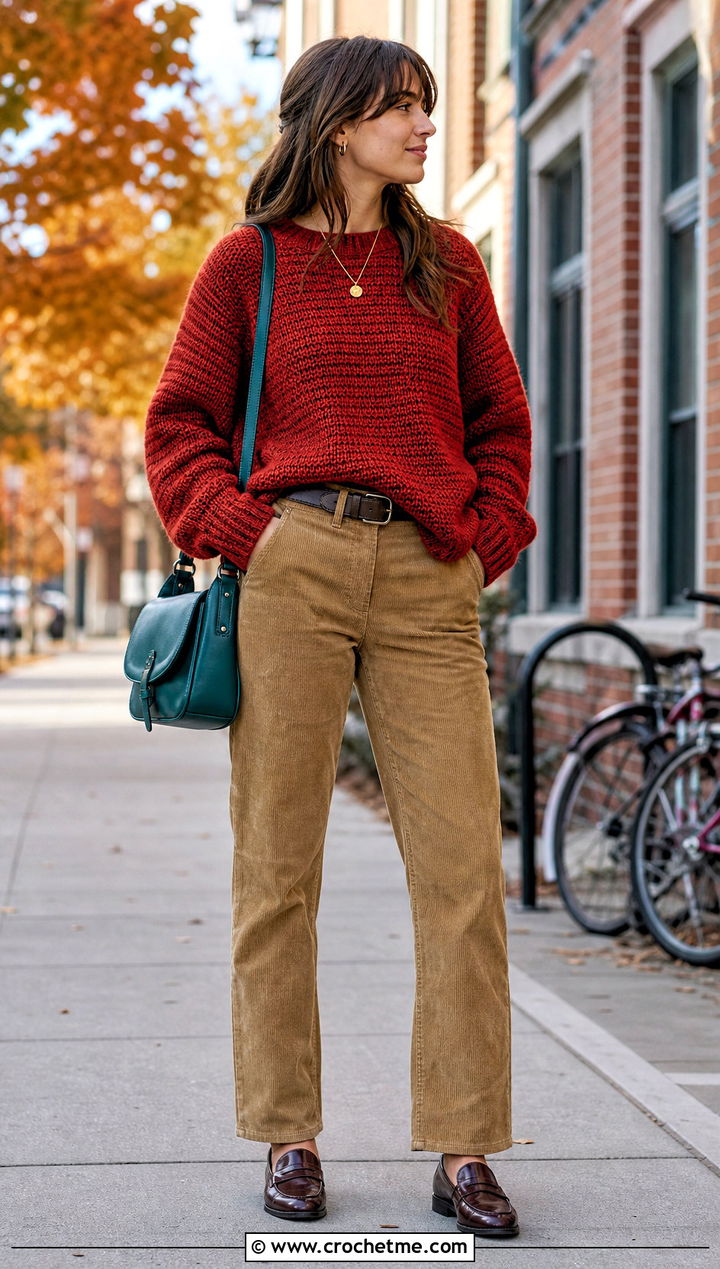 Raglan Crochet Baggy Sweater With Corduroy Pants - 30 crochet baggy sweater outfit ideas