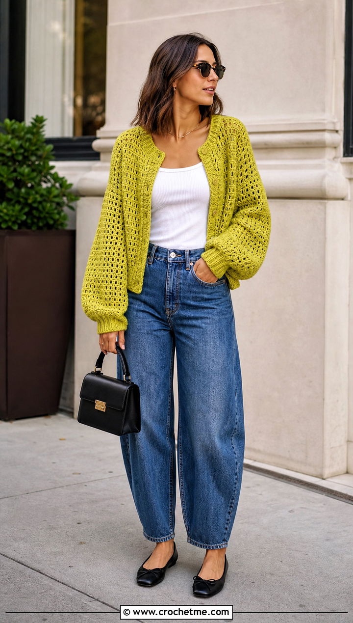 Raglan Crochet Balloon Sleeve Cardigan With Barrel Jeans - 30 crochet balloon sleeve cardigan outfit ideas