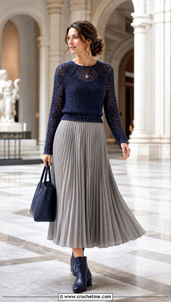 Raglan Crochet Blouse With Pleated Midi Skirt - 15 fall crochet blouse outfit ideas