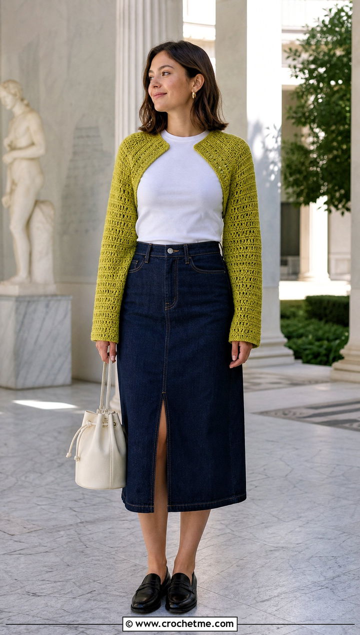 Raglan Crochet Bolero With Denim Midi Skirt - 25 Crochet Shrug Cardigan outfit ideas