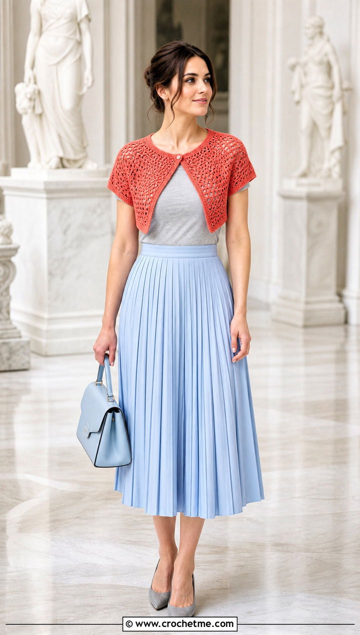 Raglan Crochet Bolero With Pleated Midi Skirt - 15 Crochet Super Cropped Sweater outfit ideas