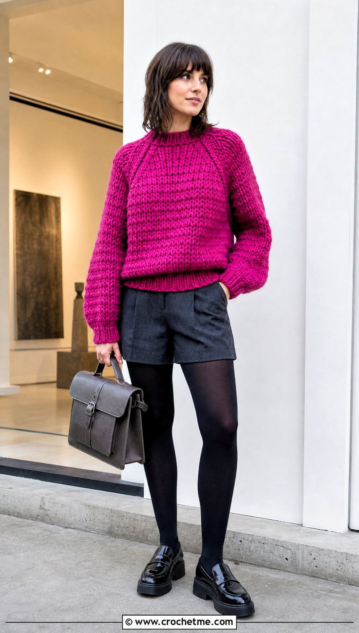 Raglan Crochet Bulky Sweater With Tailored Shorts And Tights - 25 Crochet Bulky Sweater outfit ideas
