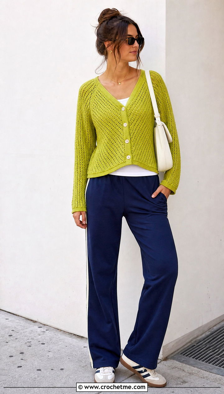 Raglan Crochet Button Sweater With Track Pants - 30 Crochet Button Sweater outfit ideas