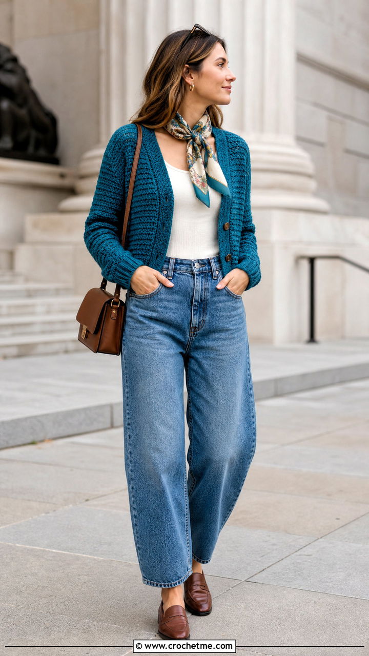 Raglan Crochet Cardigan With Barrel Jeans - 35 easy crochet cardigan women outfit ideas