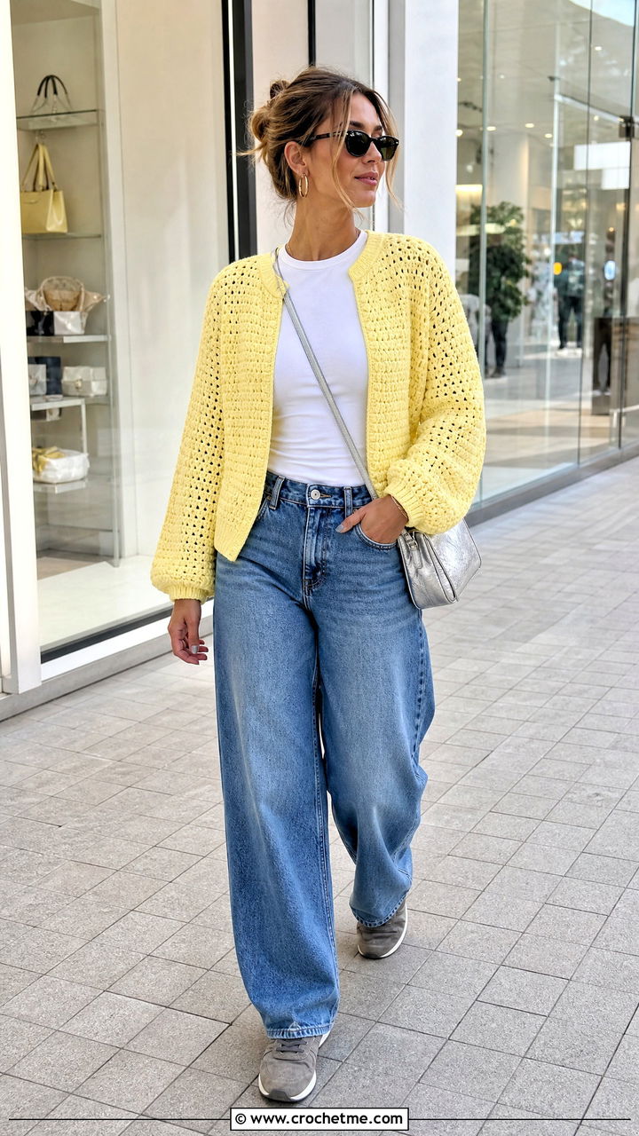 Raglan Crochet Cardigan With Barrel Jeans - 35 beginner crochet cardigan outfit ideas