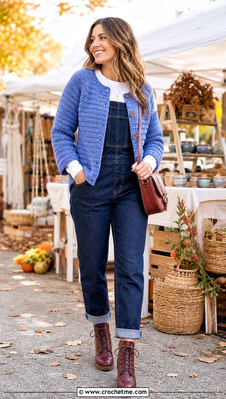 Raglan Crochet Cardigan With Denim Overalls - 35 fall crochet cardigan outfit ideas