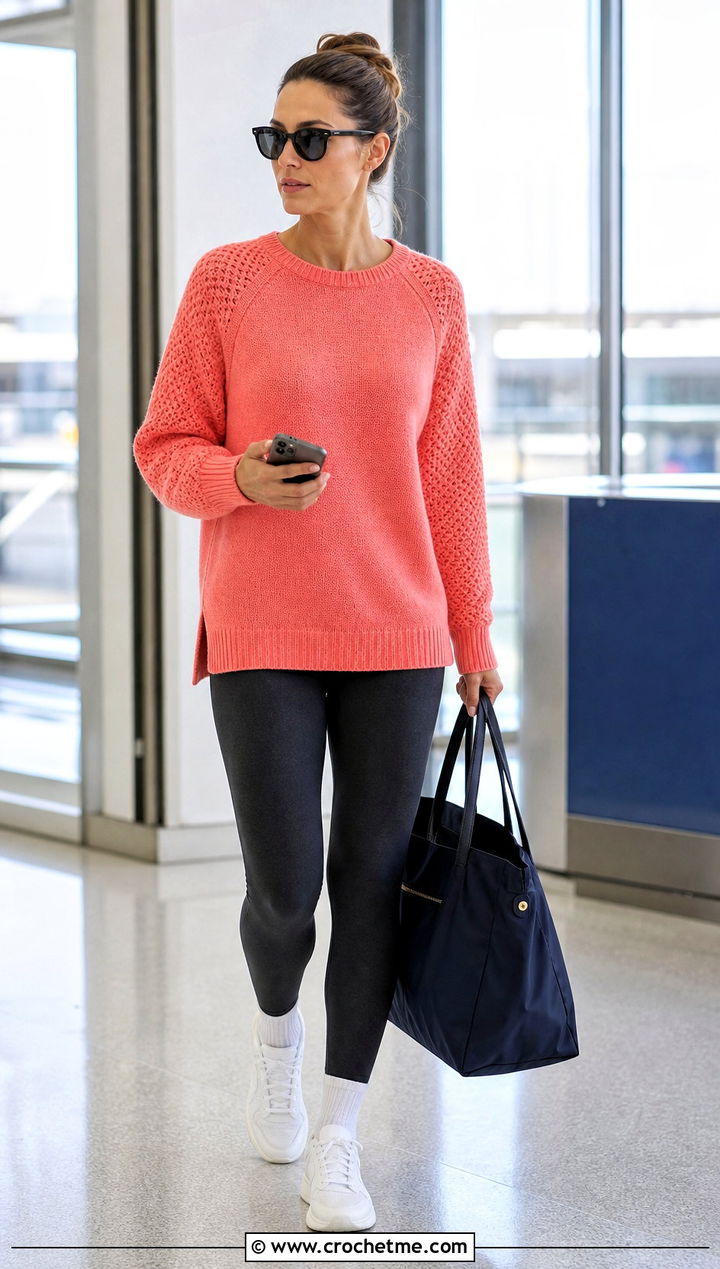 Raglan Crochet Cashmere Sweater With Leggings And Sneakers - 30 crochet cashmere sweater outfit ideas