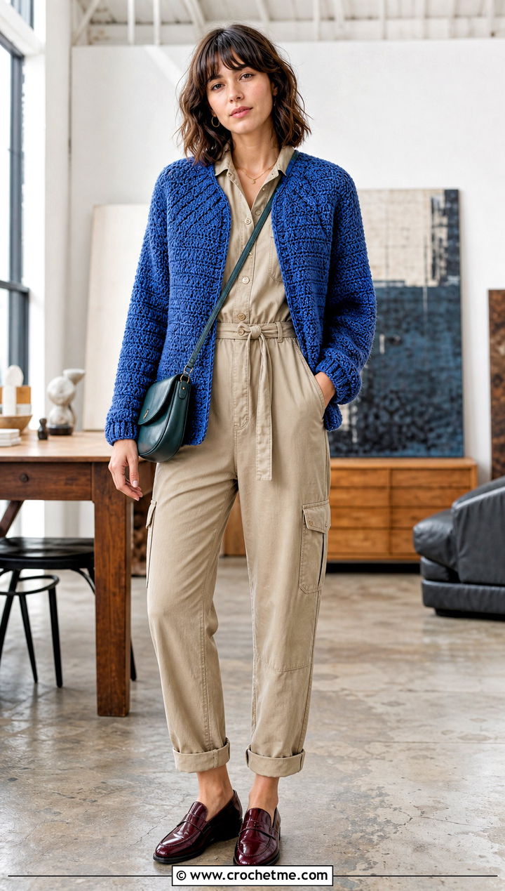 Raglan Crochet Chenille Cardigan With Utility Jumpsuit - 30 crochet chenille cardigan outfit ideas