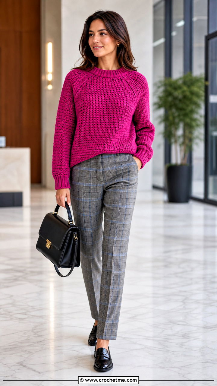 Raglan Crochet Chunky Sweater With Plaid Trousers - 35 crochet chunky sweater outfit ideas