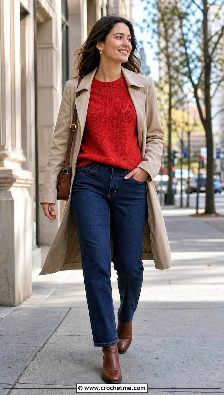 Raglan Crochet Cotton Sweater With A Trench Coat And Straight Jeans - 25 Crochet Cotton Sweater outfit ideas