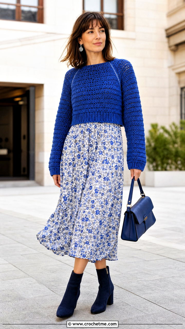 Raglan Crochet Cropped Sweater With Printed Midi Dress - 35 crochet cropped sweater outfit ideas