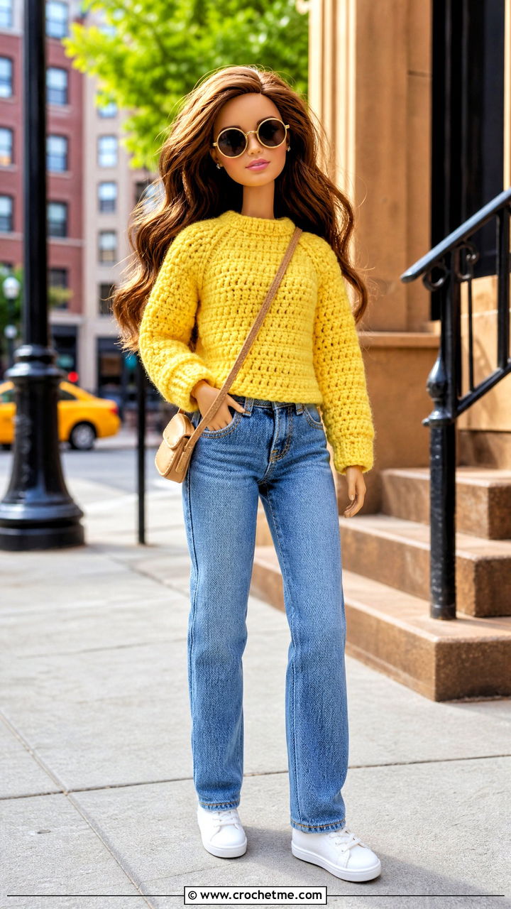 Raglan Crochet Doll Sweater With Straight Leg Jeans - 35 crochet doll sweater outfit ideas