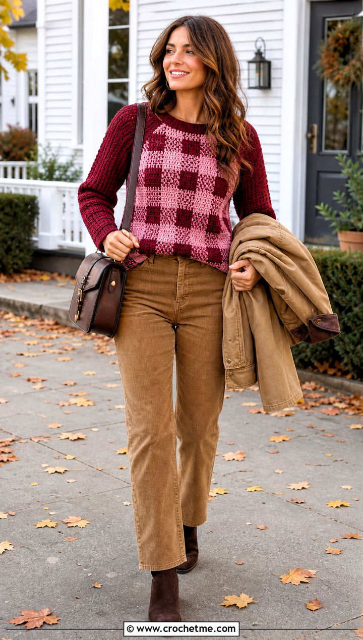 Raglan Crochet Gingham Pullover With Corduroy Pants - 25 Crochet Gingham Sweater outfit ideas
