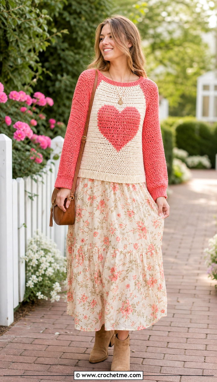 Raglan Crochet Heart Sweater With Floral Maxi Dress - 35 crochet heart sweater outfit ideas