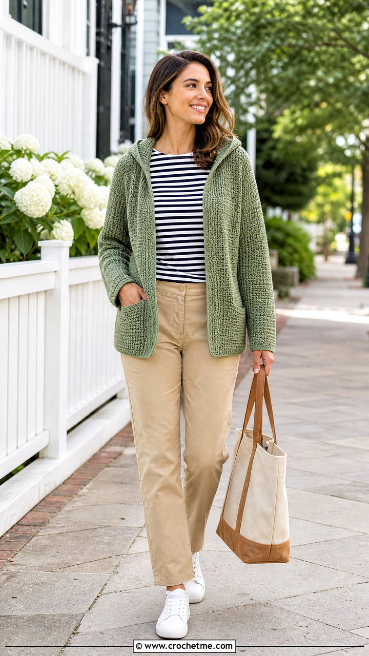 Raglan Crochet Hooded Cardigan With Chino Pants - 35 crochet hooded cardigan outfit ideas