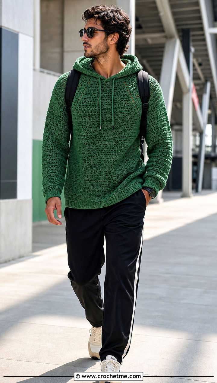 Raglan Crochet Hoodie With Track Pants - 35 crochet hoodie for men outfit ideas