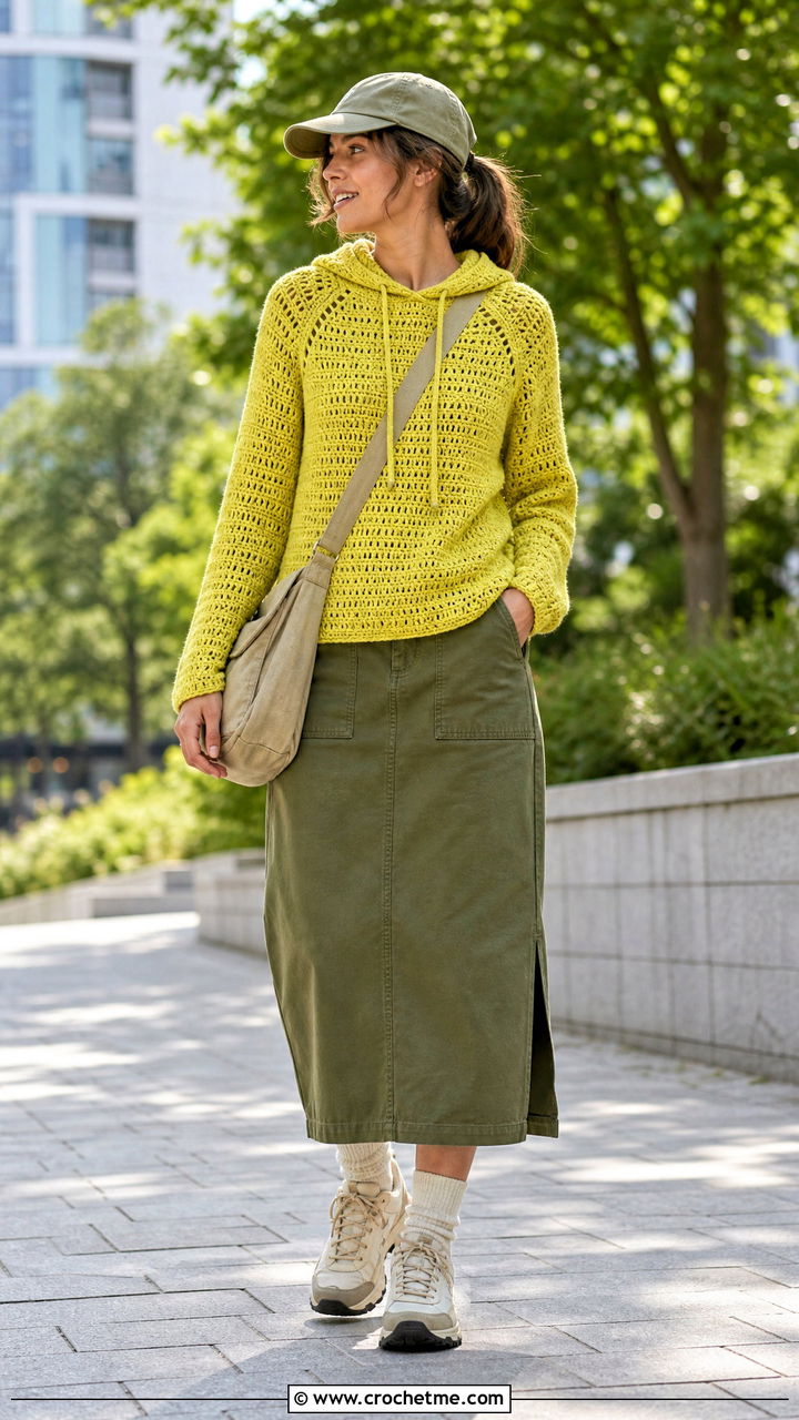 Raglan Crochet Hoodie With Utility Skirt - 35 crochet hoodie outfit ideas