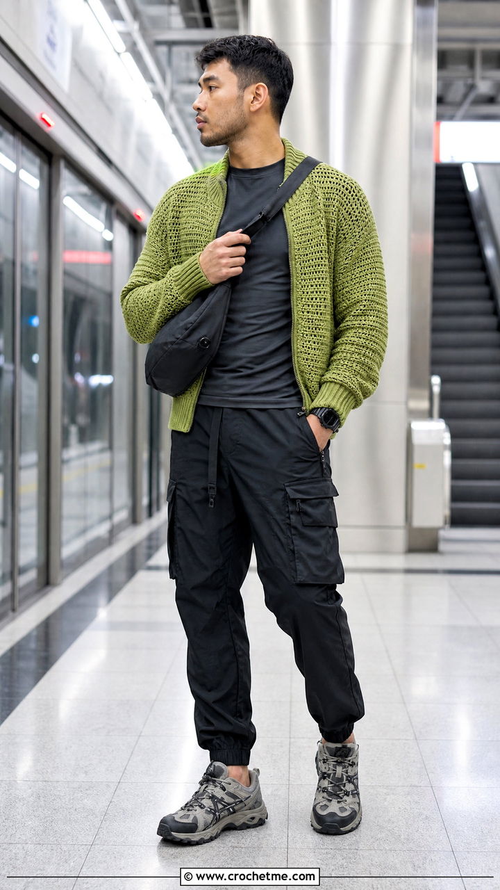 Raglan Crochet Jacket With Technical Cargos - 35 crochet jacket for men outfit ideas