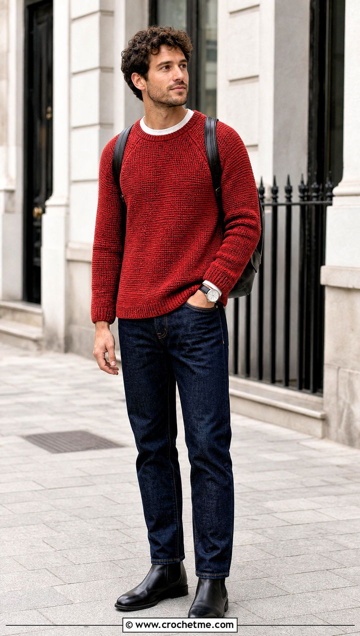 Raglan Crochet Jumper With Dark Denim - 35 men crochet jumper outfit ideas