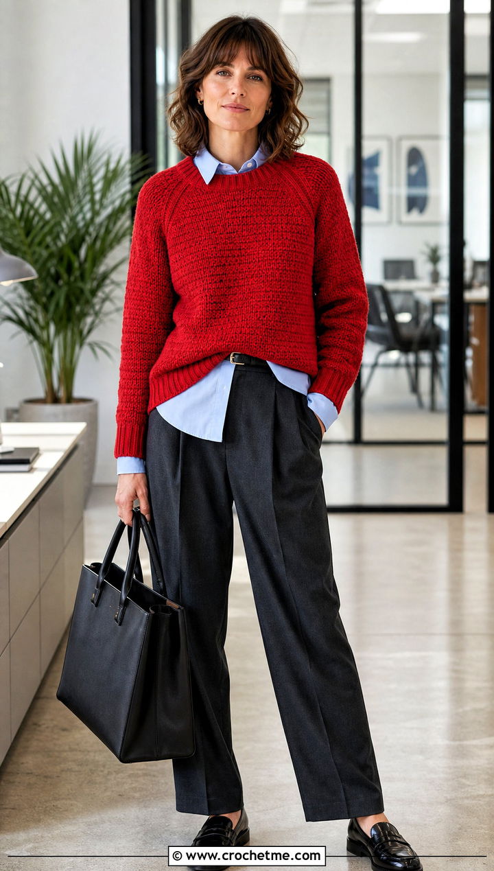 Raglan Crochet Jumper With Pleated Trousers - 20 Beginner Crochet Jumper outfit ideas