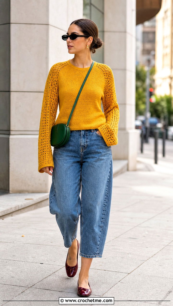 Raglan Crochet Long Sleeve Top With Barrel Jeans - 35 crochet long sleeve tops outfit ideas