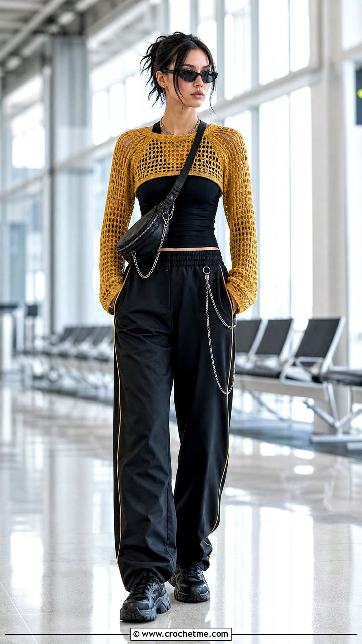 Raglan Crochet Long Sleeve Top With Track Pants - 35 goth crochet top outfit ideas