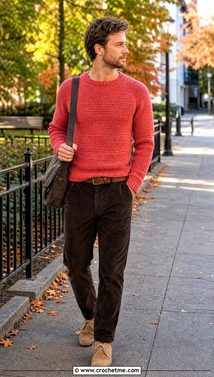 Raglan Crochet Mens Pullover With Corduroy Trousers - 15 crochet mens pullover outfit ideas