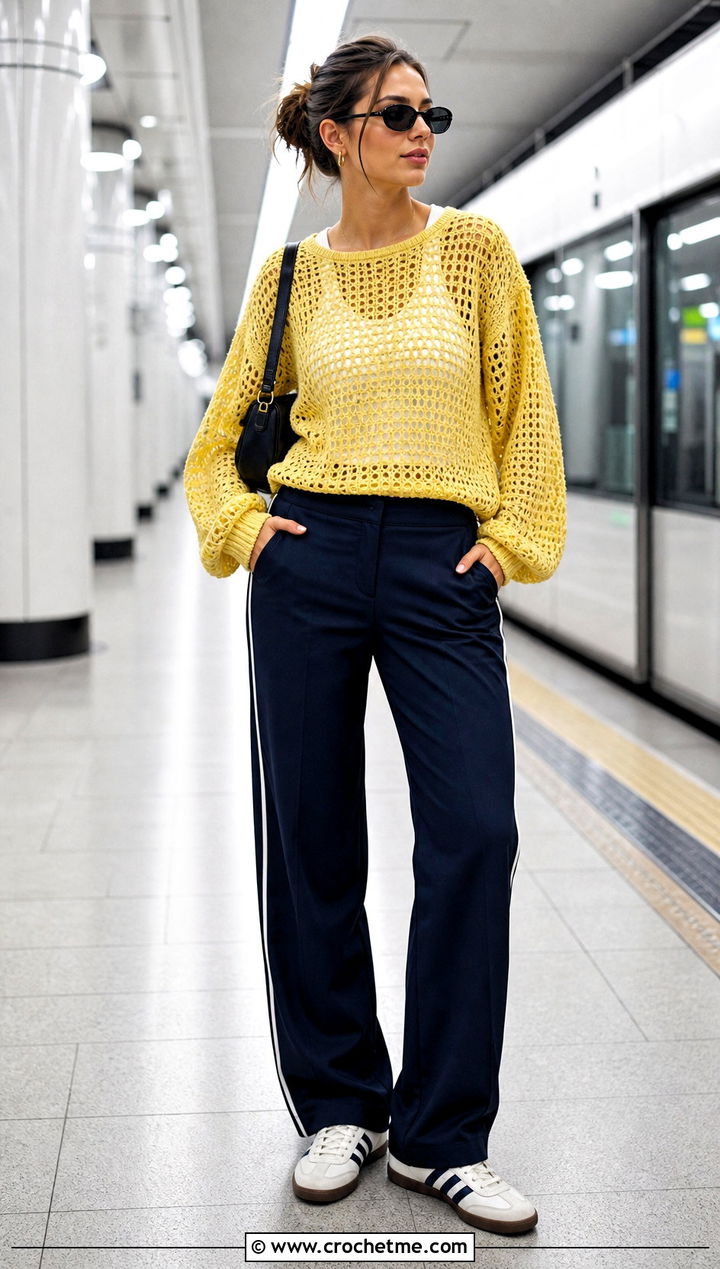 Raglan Crochet Mesh Jumper With Track Pants - 30 crochet mesh jumper outfit ideas