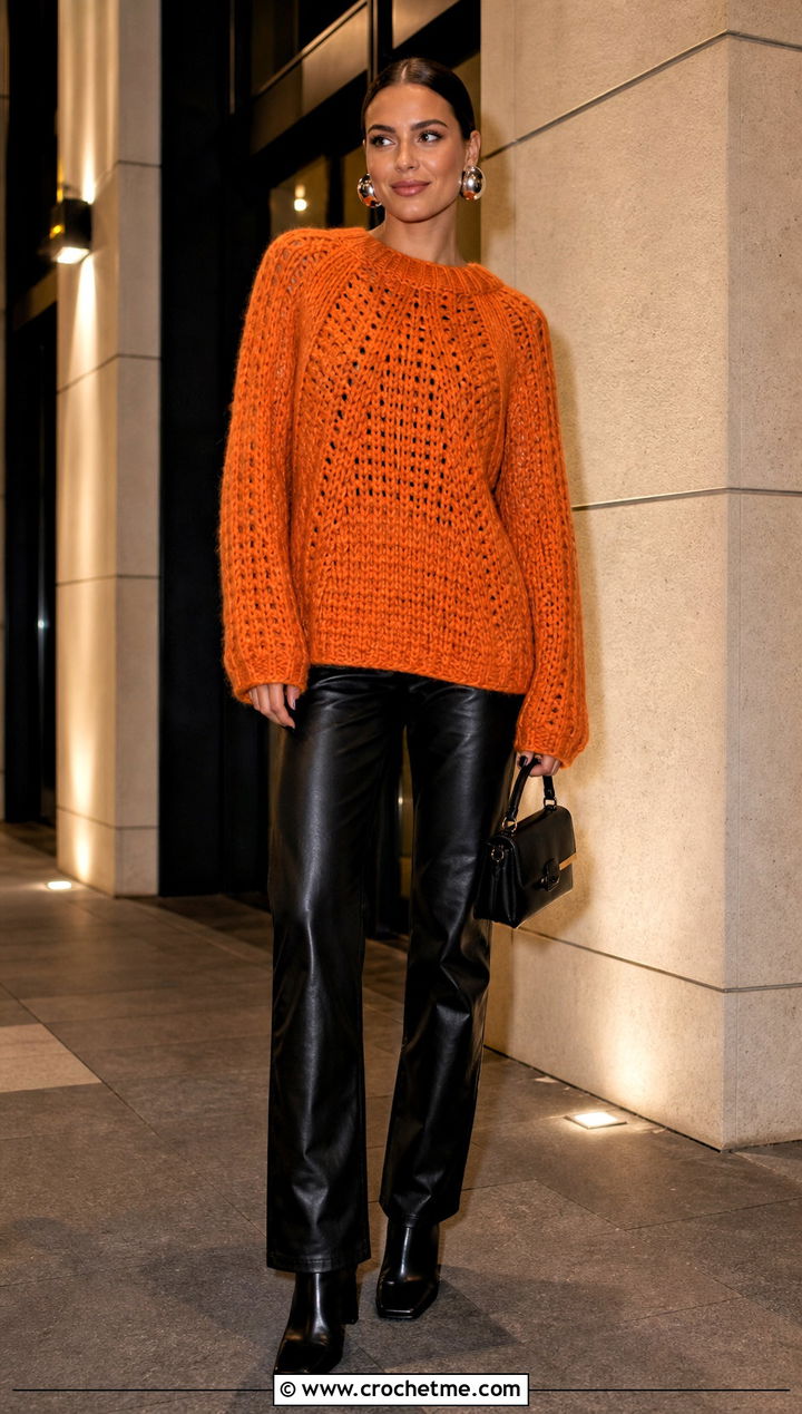 Raglan Crochet Oversize Sweater With Leather Pants - 20 Crochet Oversize Sweater outfit ideas