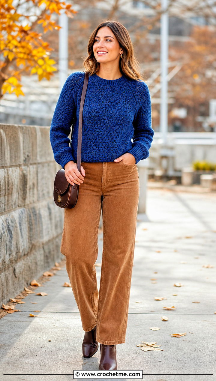 Raglan Crochet Pullover With Corduroy Pants - 30 Easy Crochet Pullover outfit ideas