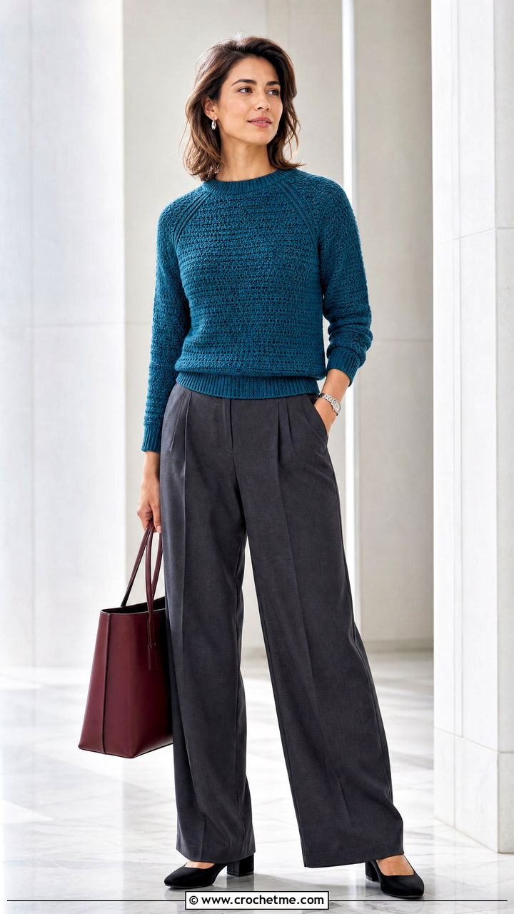 Raglan Crochet Pullover With Tailored Trousers - 35 crochet pullover outfit ideas