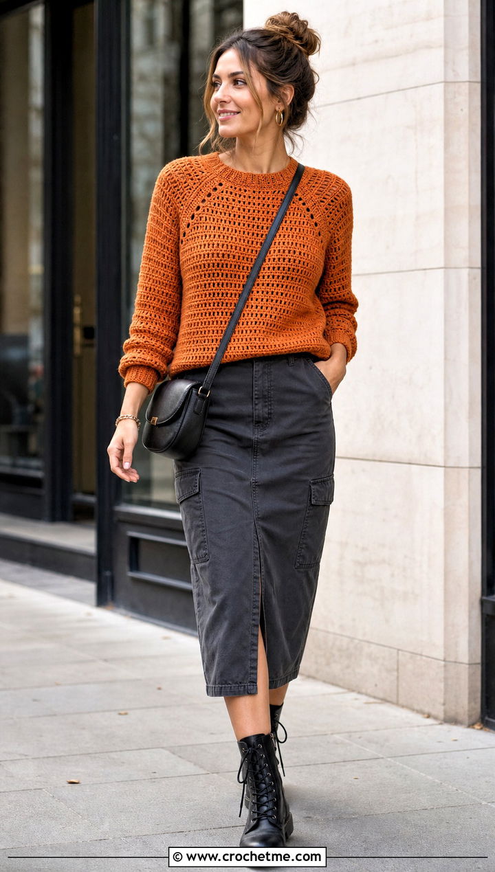 Raglan Crochet Pullover With Utility Midi Skirt - 25 women crochet pullover outfit ideas