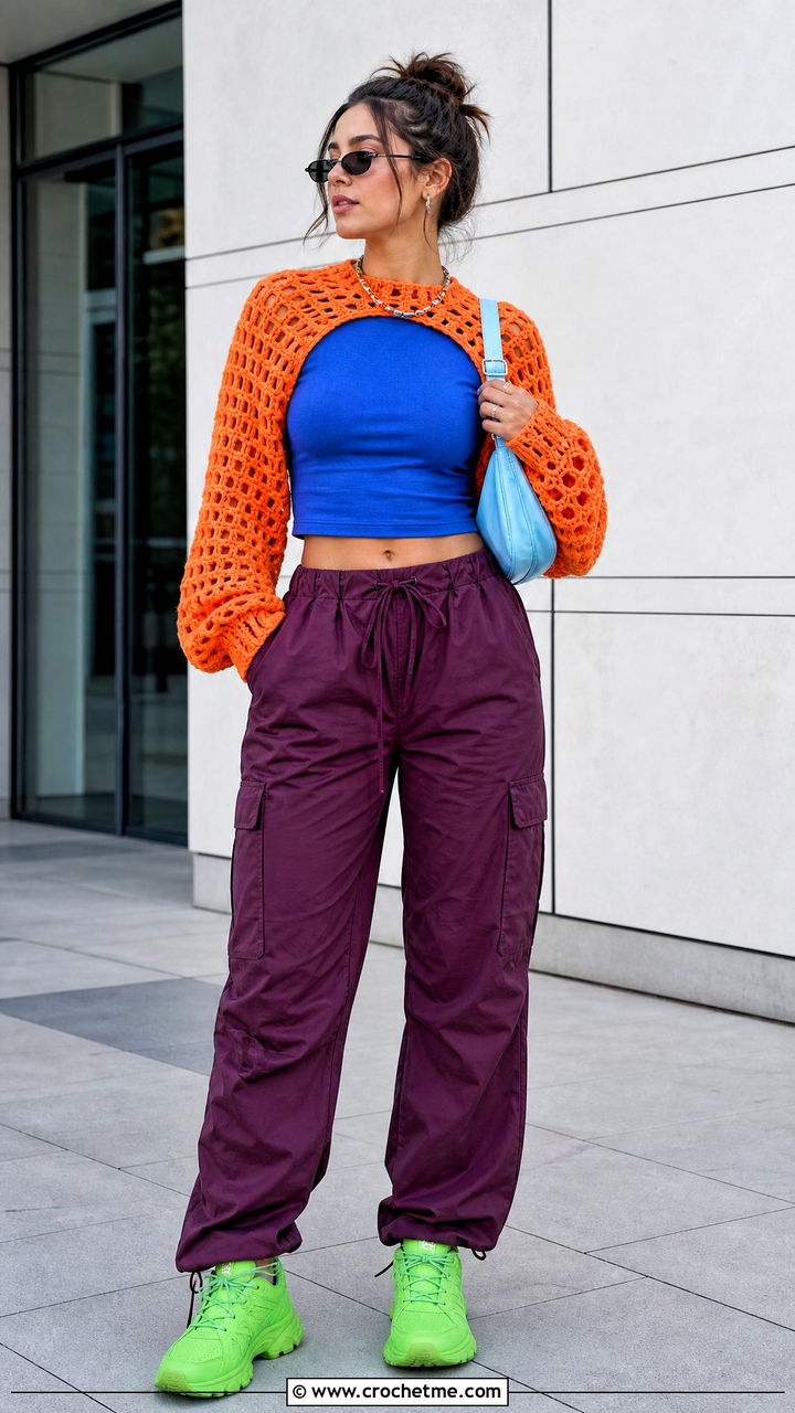 Raglan Crochet Shrug With Cargo Pants - 35 crochet shrug outfit ideas