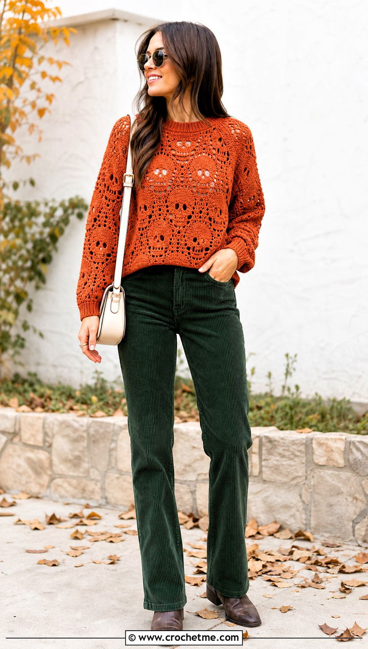 Raglan Crochet Skull Sweater With Corduroy Pants - 35 crochet skull sweater outfit ideas
