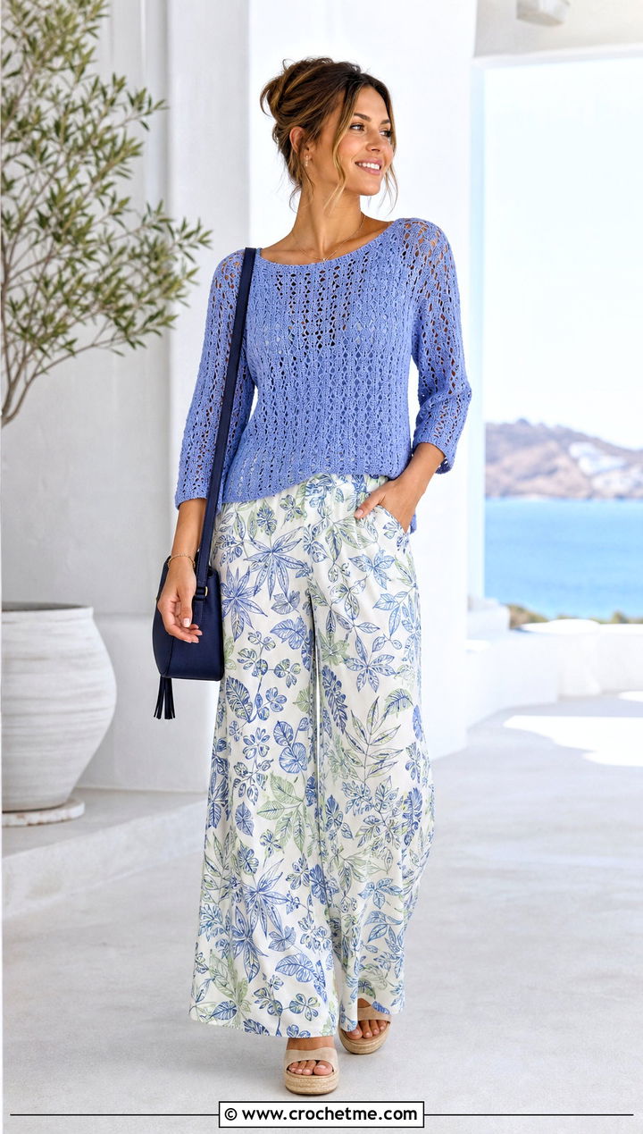 Raglan Crochet Summer Pullover With Printed Palazzo Pants - 25 crochet summer pullover outfit ideas
