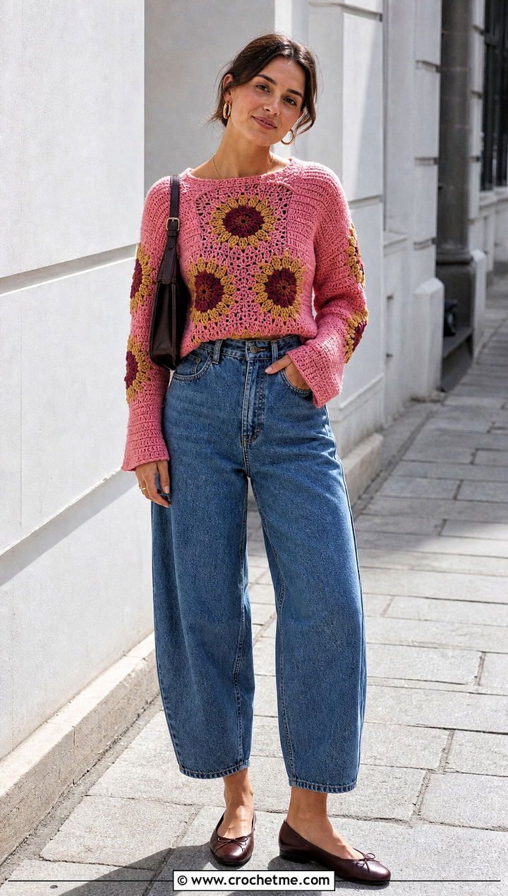 Raglan Crochet Sunflower Sweater With Barrel Jeans - 35 crochet sunflower sweater outfit ideas