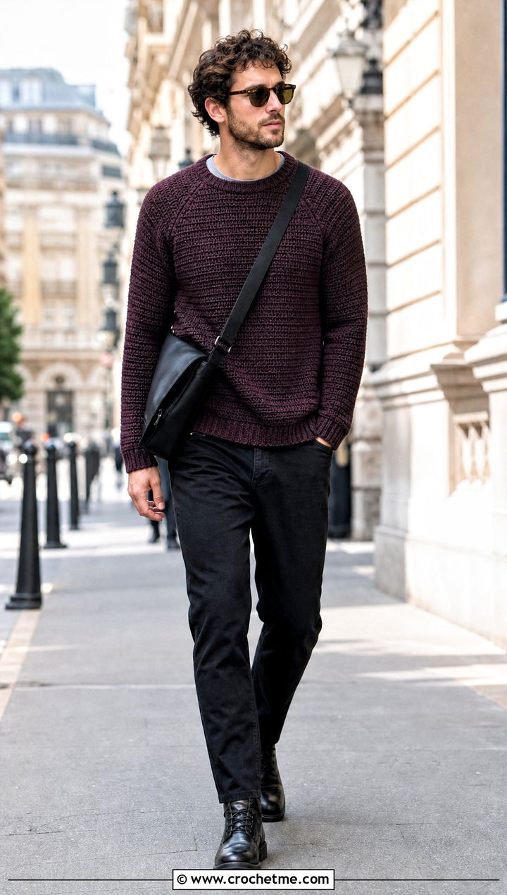 Raglan Crochet Sweater With Black Denim - 30 men's crochet sweater outfit ideas