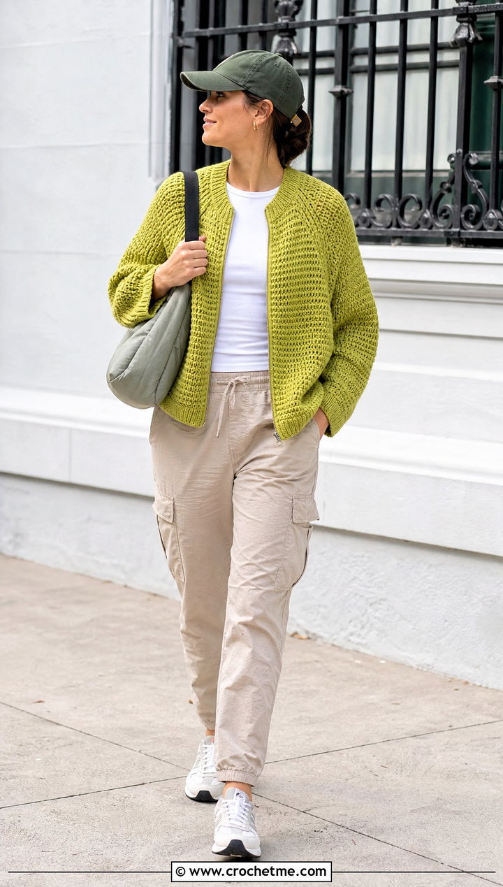 Raglan Crochet Sweater With Cargo Pants - 30 crochet key sweater outfit ideas