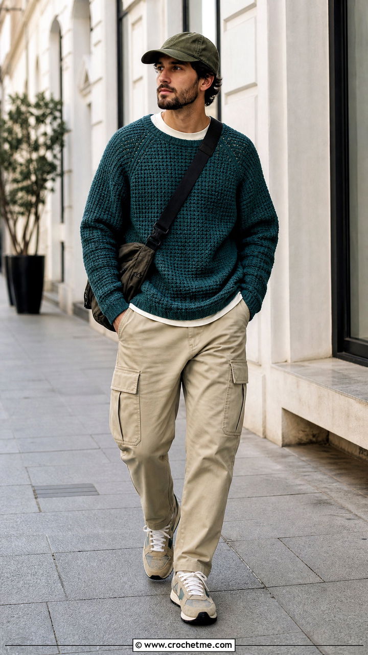 Raglan Crochet Sweater With Cargo Pants - 35 crochet sweater for men outfit ideas